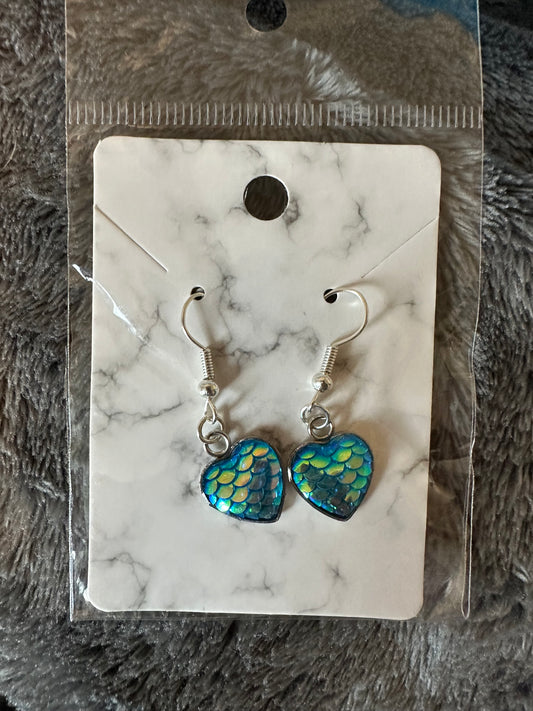 Blue mermaid scale heart earrings