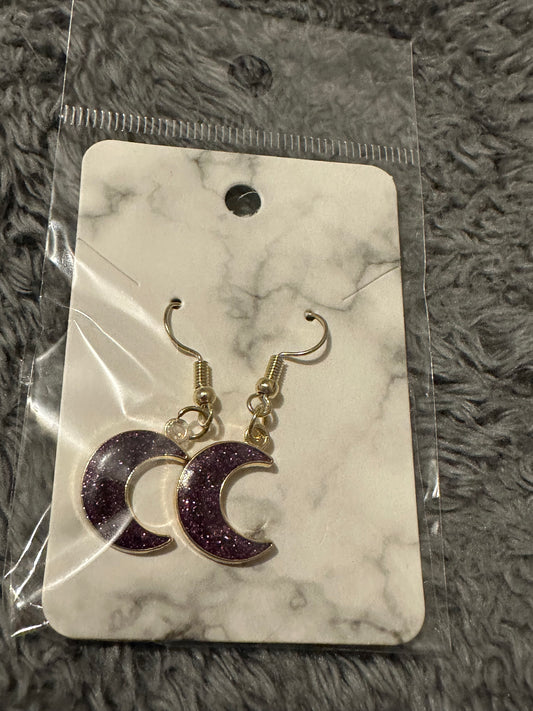 Purple glitter moon earrings